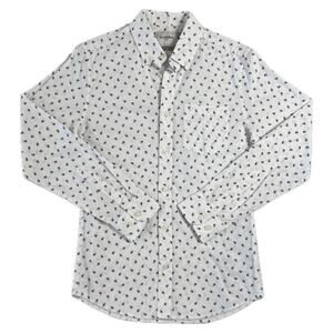 Men's Floral Small Slim White Blue Button-Up Casual Top Long-Sleeve